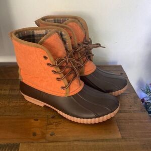 Marley Lilly Women's Brown Orange Plaid Tie Duck Rain Snow Boots Shoes Sz 8